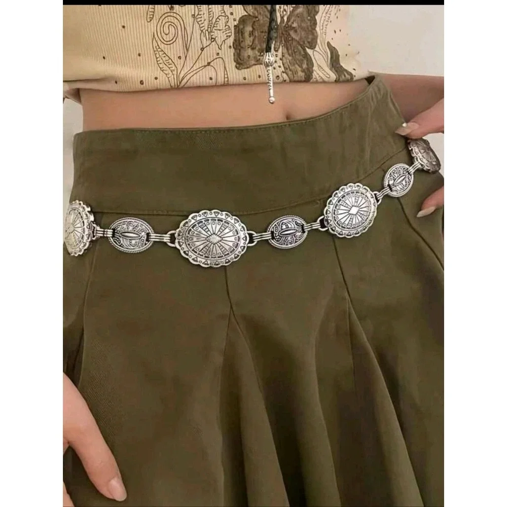 Silver Concho Chain Boho waist Belt Chunky Adjustable Western Festival Medallion